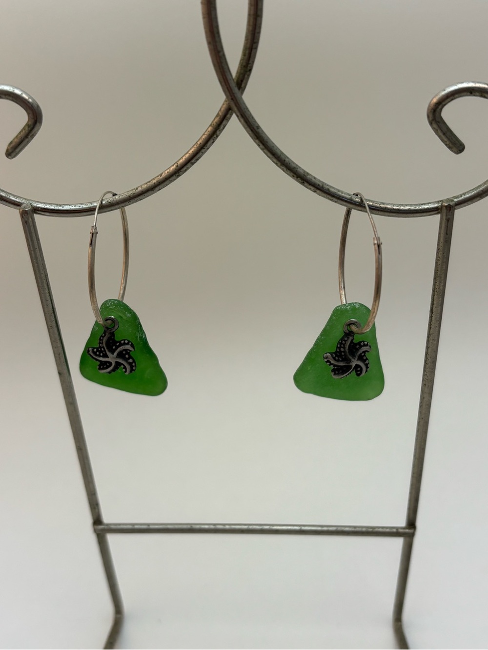 Green Sea Glass and Starfish Hoop Earrings